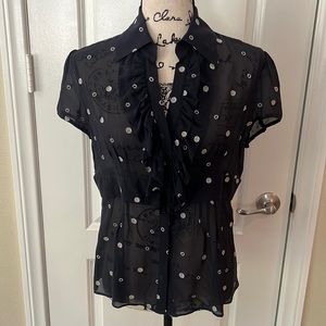 Ann Taylor Navy Sheer Ruffle Blouse with Silver Dot Print